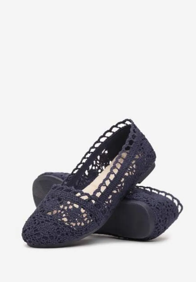 Granatowe Ażurowe Balerinki na Płaskiej Podeszwie Atley