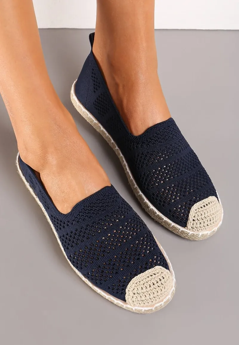 Granatowe Ażurowe Espadryle Ozdobione Plecionką na Podeszwie i Nosku Tarniesa