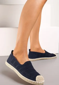 Granatowe Ażurowe Espadryle Ozdobione Plecionką na Podeszwie i Nosku Tarniesa