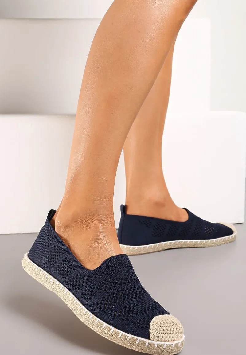 Granatowe Ażurowe Espadryle Ozdobione Plecionką na Podeszwie i Nosku Tarniesa