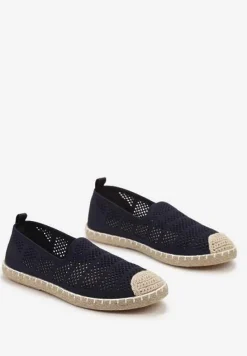 Granatowe Ażurowe Espadryle Ozdobione Plecionką na Podeszwie i Nosku Tarniesa