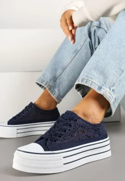 Granatowe Ażurowe Trampki na Platformie Felenna