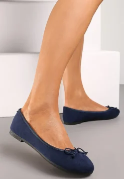 Granatowe Balerinki z Imitacji Zamszu i Ozdobną Kokardką Ammanne