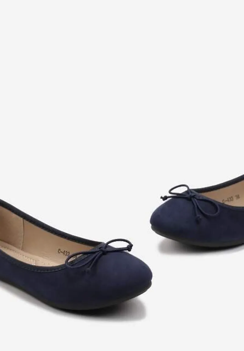 Granatowe Balerinki z Imitacji Zamszu i Ozdobną Kokardką Ammanne