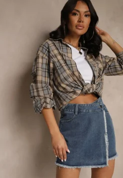 Granatowe Bawełniane Jeansowe Spódnico-Spodenki High Waist o Asymetrycznym Kroju Alwiwi