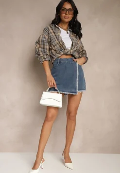 Granatowe Bawełniane Jeansowe Spódnico-Spodenki High Waist o Asymetrycznym Kroju Alwiwi