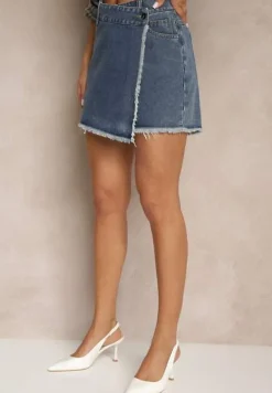 Granatowe Bawełniane Jeansowe Spódnico-Spodenki High Waist o Asymetrycznym Kroju Alwiwi