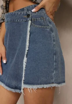 Granatowe Bawełniane Jeansowe Spódnico-Spodenki High Waist o Asymetrycznym Kroju Alwiwi