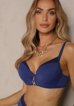 Granatowe Bikini Biustonosz Zdobiony Aplikacją i Majtki Typu Figi Iffirelle
