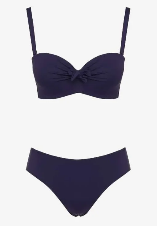 Granatowe Bikini Strój Kąpielowy Dwuczęściowy z Ozdobnym Marszczeniem Nariella