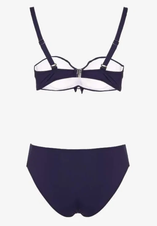 Granatowe Bikini Strój Kąpielowy Dwuczęściowy z Ozdobnym Marszczeniem Nariella