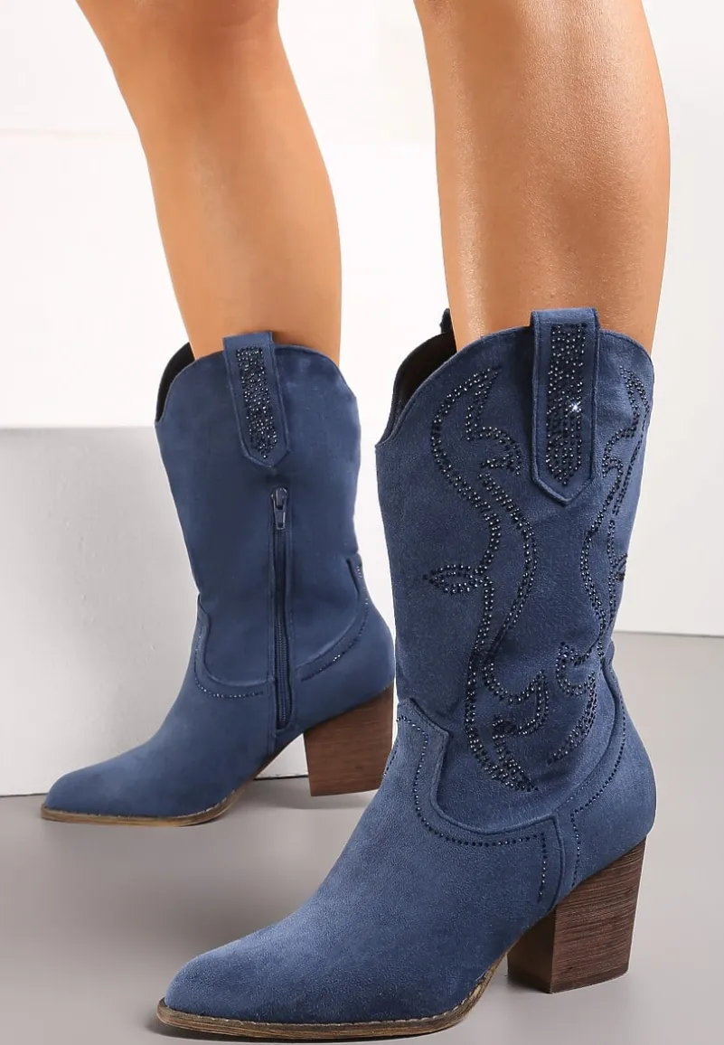 Granatowe Botki Kowbojki Ozdobione Wzorem w Cyrkonie Ellessa