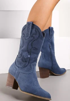 Granatowe Botki Kowbojki Ozdobione Wzorem w Cyrkonie Ellessa