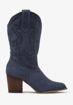 Granatowe Botki Kowbojki Ozdobione Wzorem w Cyrkonie Ellessa