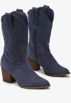 Granatowe Botki Kowbojki Ozdobione Wzorem w Cyrkonie Ellessa