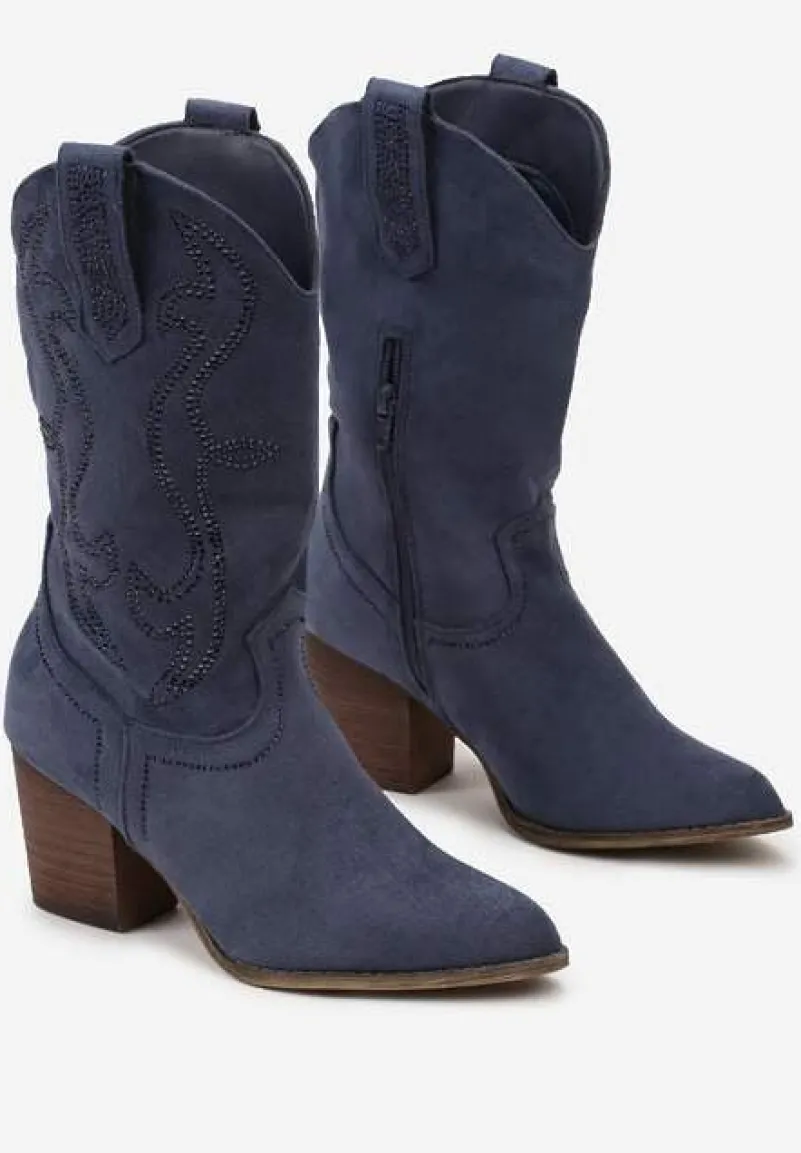 Granatowe Botki Kowbojki Ozdobione Wzorem w Cyrkonie Ellessa