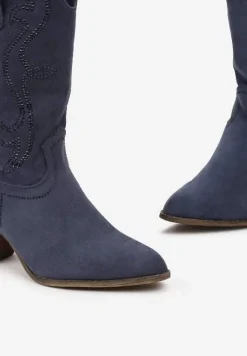 Granatowe Botki Kowbojki Ozdobione Wzorem w Cyrkonie Ellessa