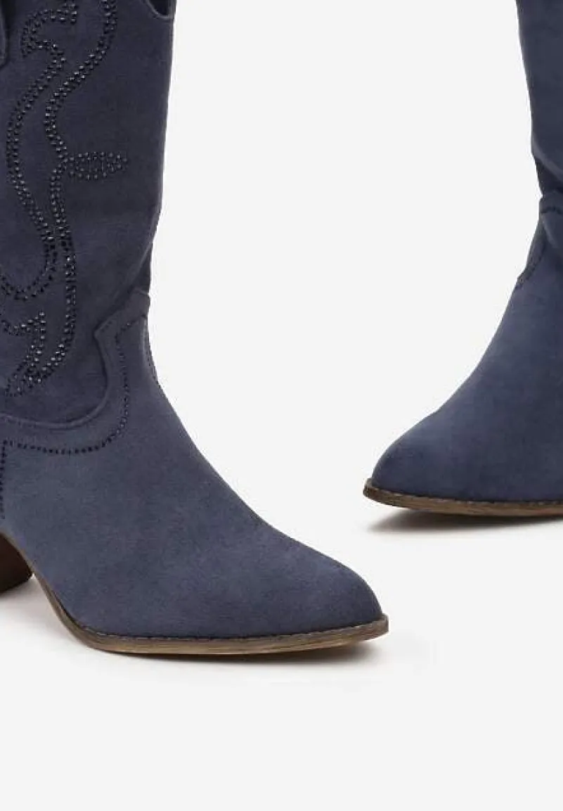 Granatowe Botki Kowbojki Ozdobione Wzorem w Cyrkonie Ellessa