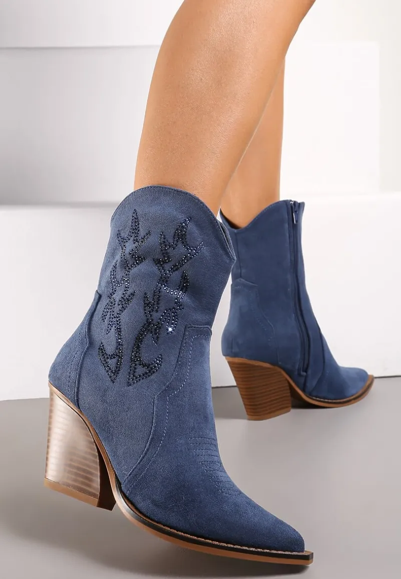 Granatowe Botki Kowbojki na Stożkowym Obcasie z Ozdobnym Haftem i Cyrkoniami Talesse