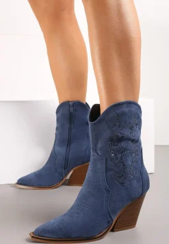 Granatowe Botki Kowbojki na Stożkowym Obcasie z Ozdobnym Haftem i Cyrkoniami Talesse