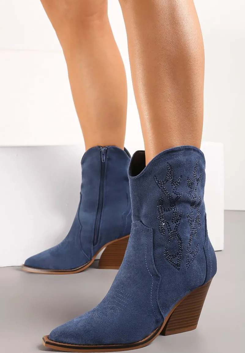 Granatowe Botki Kowbojki na Stożkowym Obcasie z Ozdobnym Haftem i Cyrkoniami Talesse