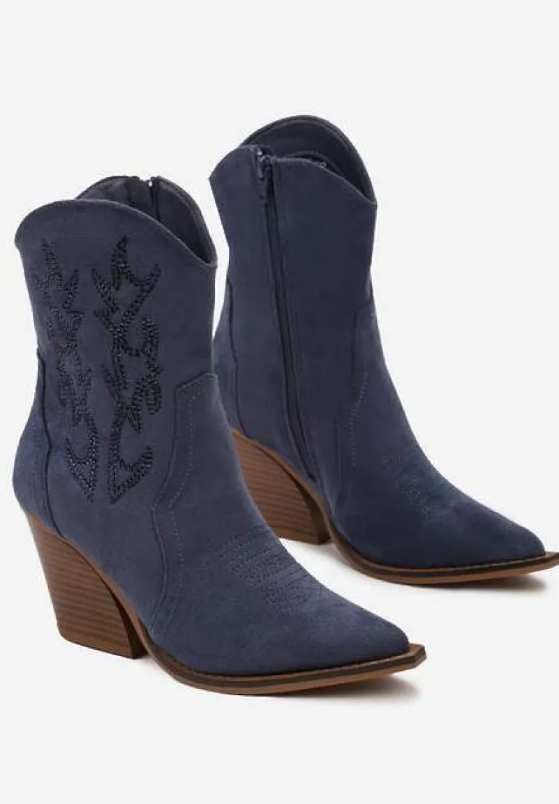 Granatowe Botki Kowbojki na Stożkowym Obcasie z Ozdobnym Haftem i Cyrkoniami Talesse