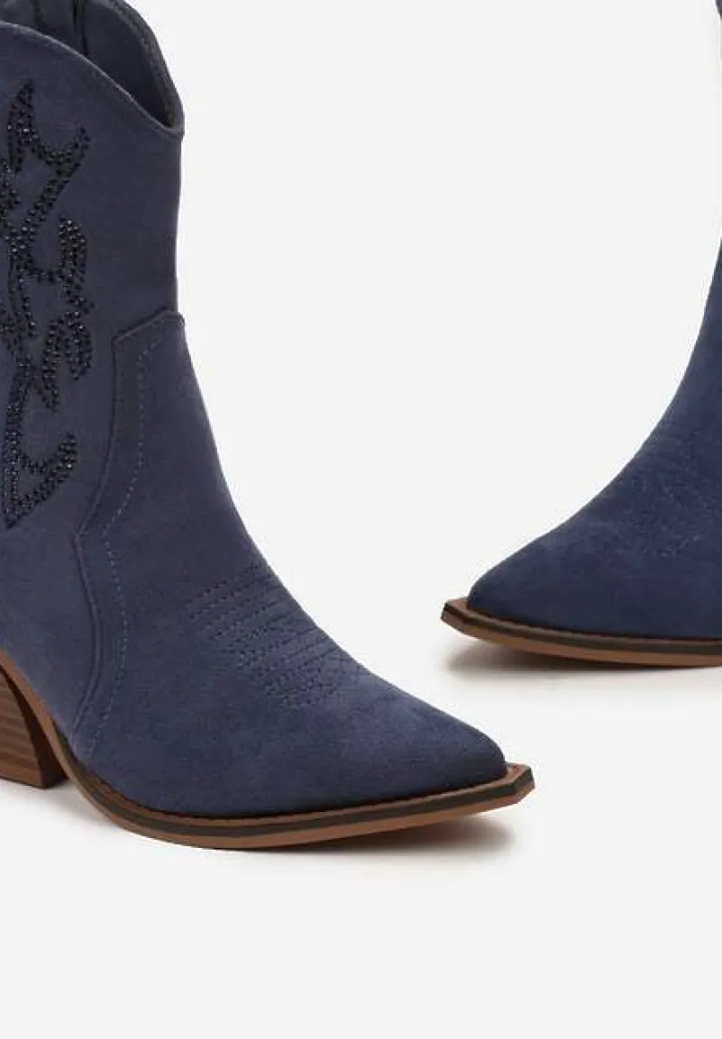 Granatowe Botki Kowbojki na Stożkowym Obcasie z Ozdobnym Haftem i Cyrkoniami Talesse
