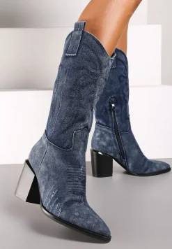 Granatowe Botki na Słupku w Stylu Kowbojek Ozdobione Haftem Laorina