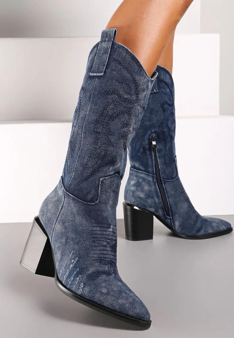 Granatowe Botki na Słupku w Stylu Kowbojek Ozdobione Haftem Laorina