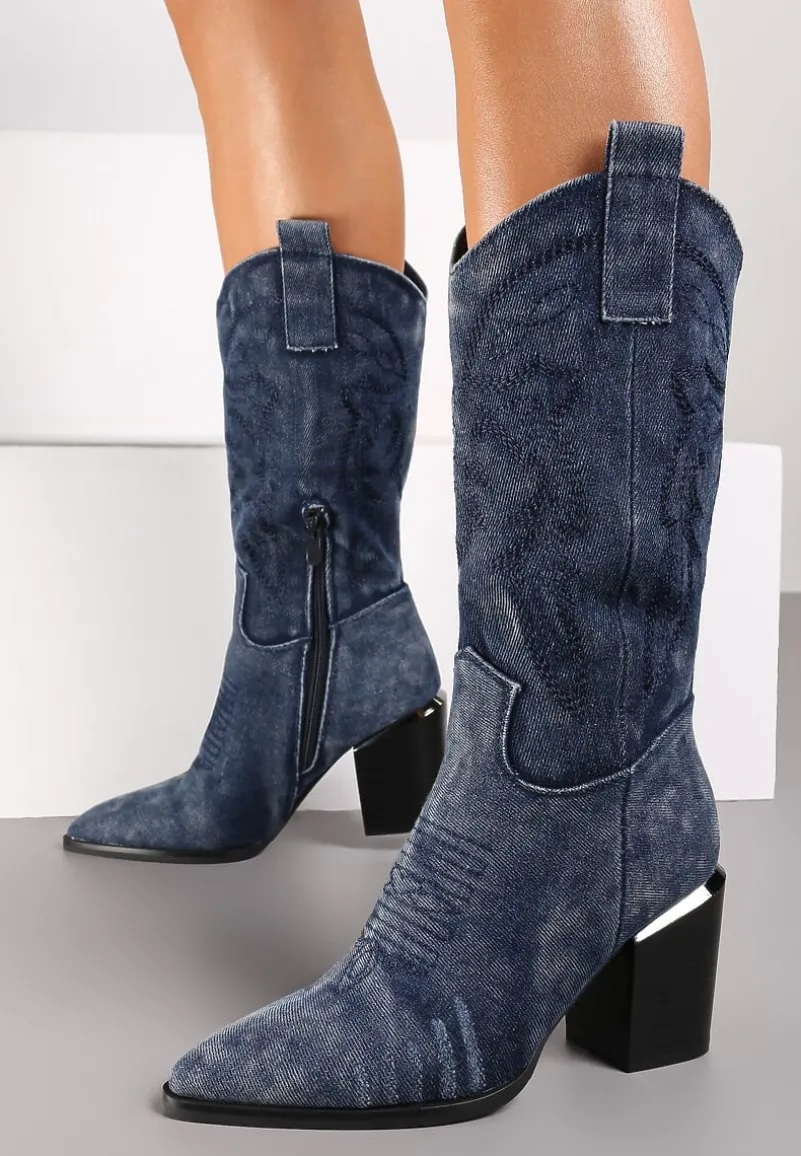 Granatowe Botki na Słupku w Stylu Kowbojek Ozdobione Haftem Laorina