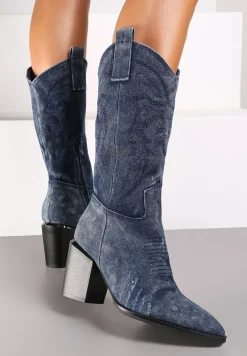 Granatowe Botki na Słupku w Stylu Kowbojek Ozdobione Haftem Laorina