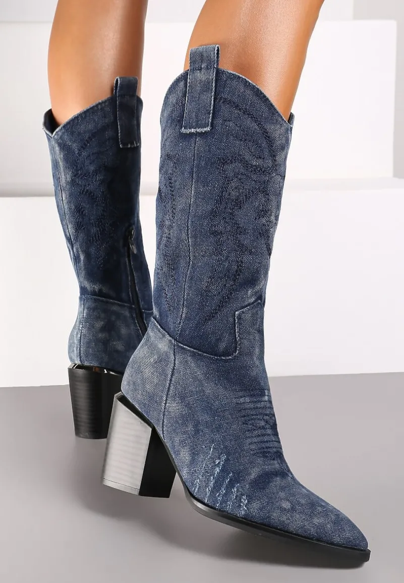 Granatowe Botki na Słupku w Stylu Kowbojek Ozdobione Haftem Laorina