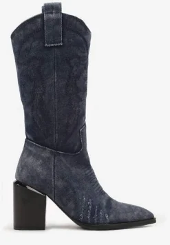 Granatowe Botki na Słupku w Stylu Kowbojek Ozdobione Haftem Laorina