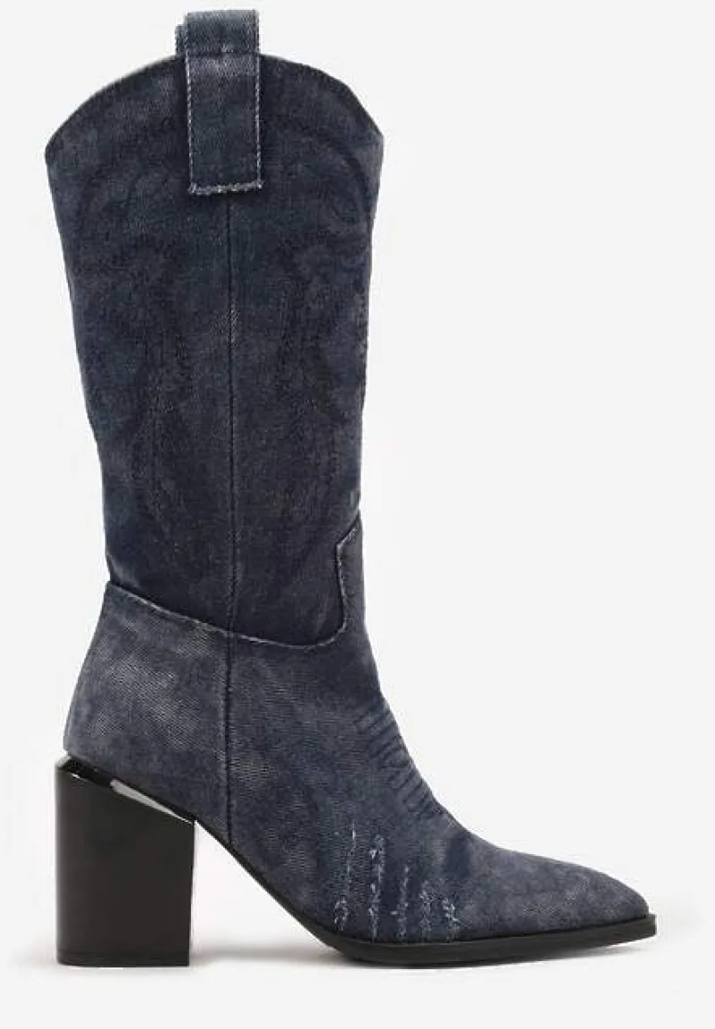 Granatowe Botki na Słupku w Stylu Kowbojek Ozdobione Haftem Laorina