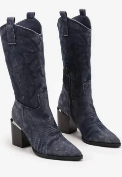 Granatowe Botki na Słupku w Stylu Kowbojek Ozdobione Haftem Laorina