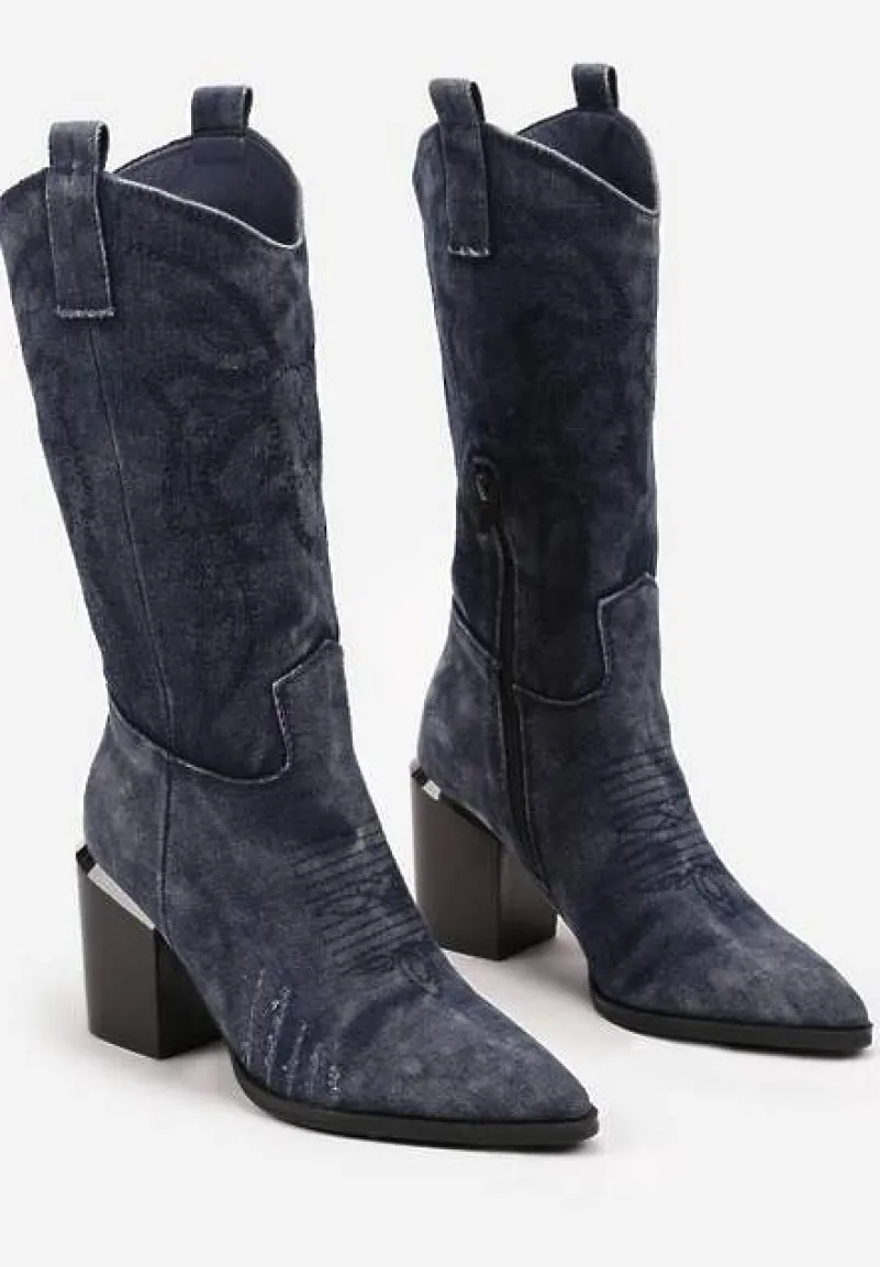 Granatowe Botki na Słupku w Stylu Kowbojek Ozdobione Haftem Laorina