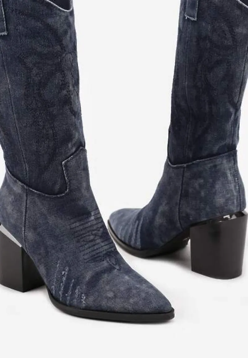 Granatowe Botki na Słupku w Stylu Kowbojek Ozdobione Haftem Laorina