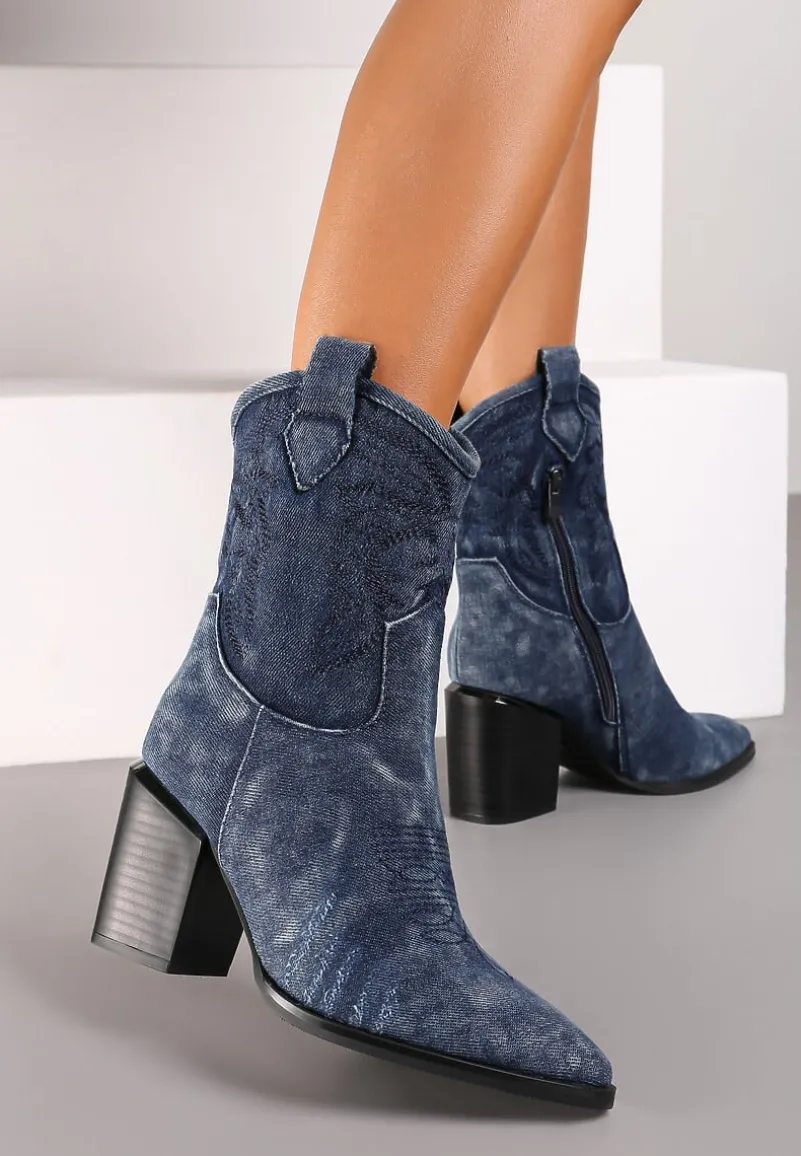 Granatowe Botki Typu Kowbojki na Słupku z Przeszywanymi Detalami Laorielle