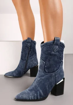 Granatowe Botki Typu Kowbojki na Słupku z Przeszywanymi Detalami Laorielle