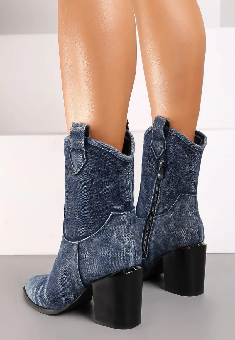 Granatowe Botki Typu Kowbojki na Słupku z Przeszywanymi Detalami Laorielle