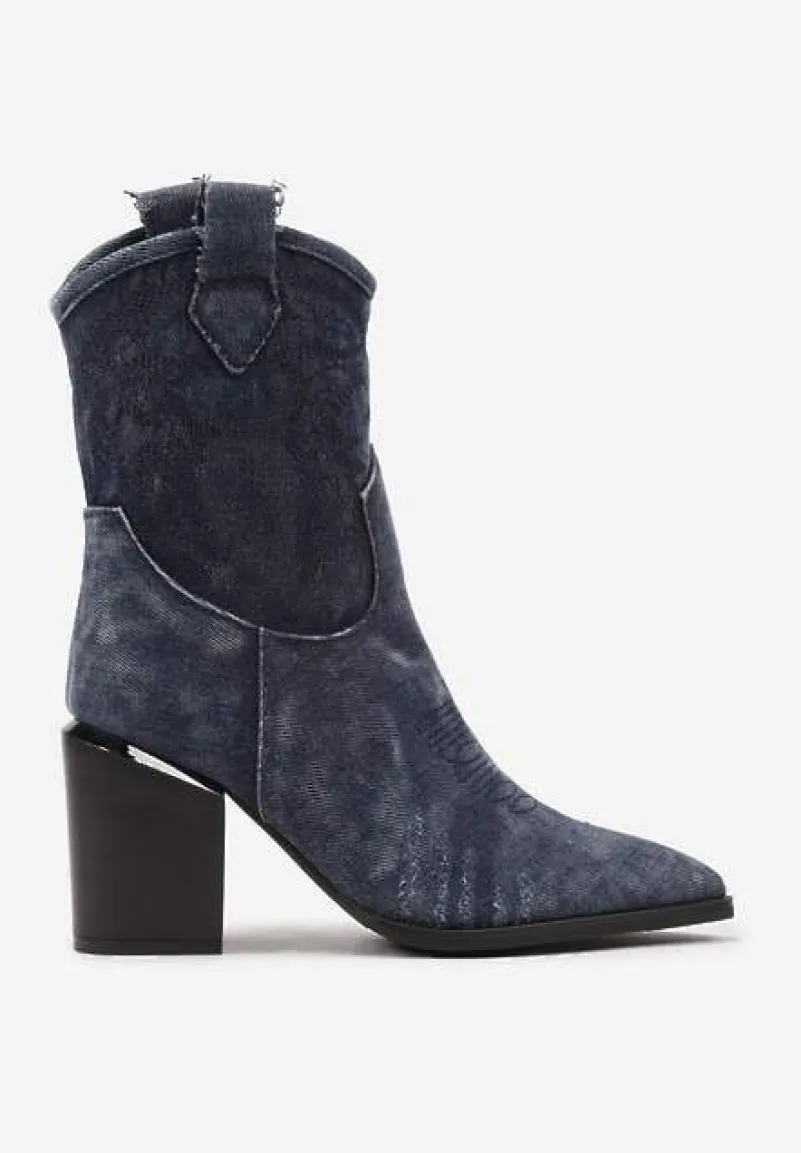 Granatowe Botki Typu Kowbojki na Słupku z Przeszywanymi Detalami Laorielle