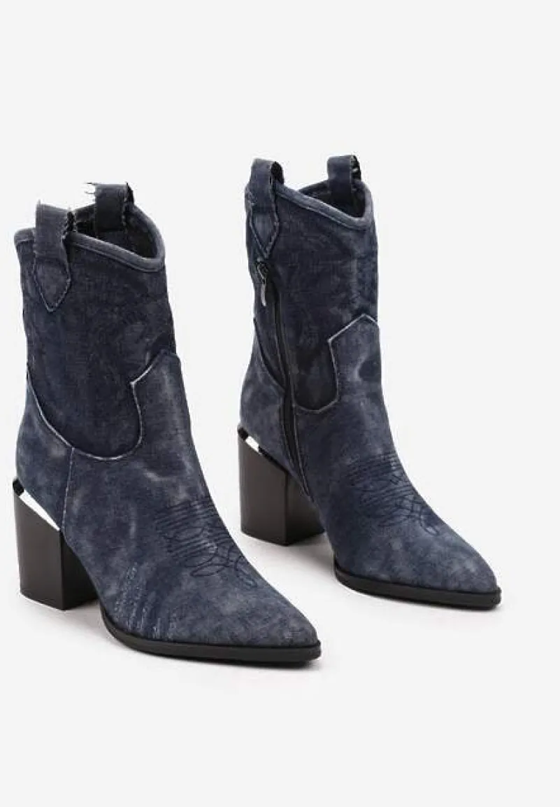 Granatowe Botki Typu Kowbojki na Słupku z Przeszywanymi Detalami Laorielle