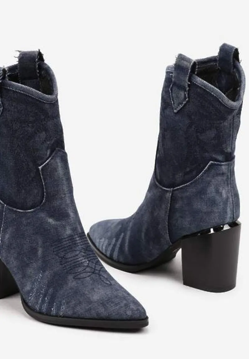 Granatowe Botki Typu Kowbojki na Słupku z Przeszywanymi Detalami Laorielle