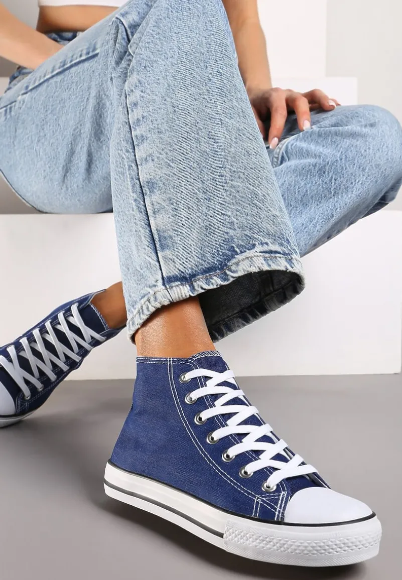 Granatowe Casualowe Sznurowane Trampki z Wysoką Cholewką Irmagia