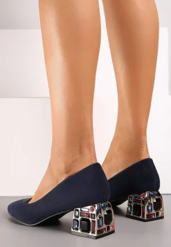 Granatowe Czółenka na Słupku Ozdobione Kryształkami ze Skórzaną Wkładką Ovirora