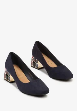 Granatowe Czółenka na Słupku Ozdobione Kryształkami ze Skórzaną Wkładką Ovirora