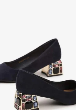 Granatowe Czółenka na Słupku Ozdobione Kryształkami ze Skórzaną Wkładką Ovirora