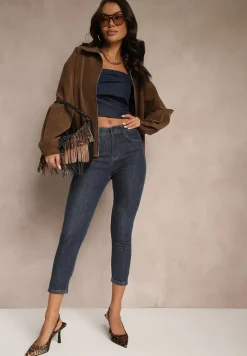 Granatowe Dopasowana Jeansy Skinny z Bawełną o Długości 3/4 Baliera