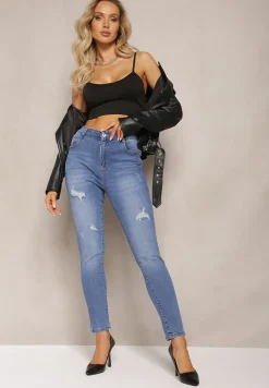 Granatowe Dopasowane Jeansy Skinny z Efektem Push Up i Przedarciami Avotia