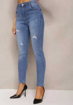 Granatowe Dopasowane Jeansy Skinny z Efektem Push Up i Przedarciami Avotia